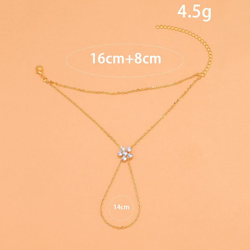 Minimalist Metal Inlaid Flower Zircon Finger Bracelet for Women Trendy Gold Color Thin Chain Double-Layer Hand Chain Jewelry