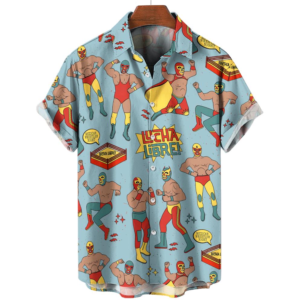 Camisa de Playa Casual de Moda Patrón 3D de Luchador Camiseta Retro Manga Corta Vacaciones al Aire Libre Camisa para Hombre y Mujer