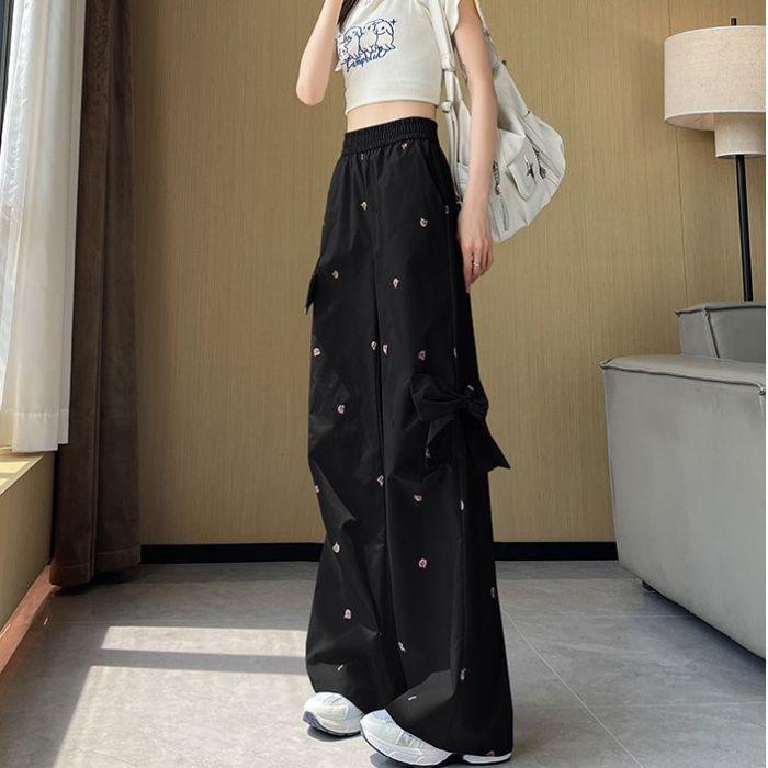 Summer Three-dimensional Bow Decorative Bear Leisure Work Pants for Women Comfortable Fit Wide-leg Pants M