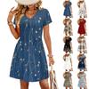 Modisches Damenkleid mit Print, V-Ausschnitt, kurzärmelig, locker, lässig, für den Strandurlaub