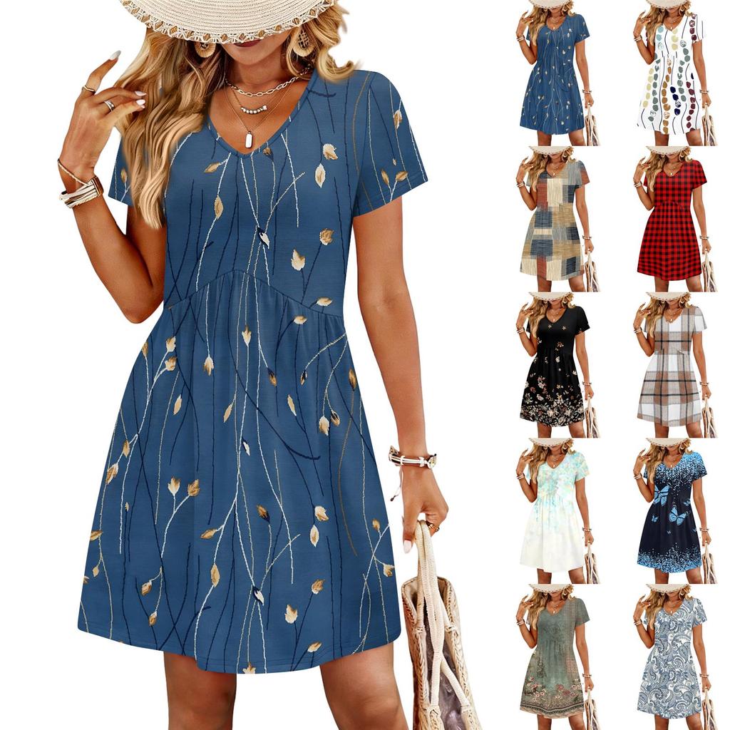 Modisches Damenkleid mit Print, V-Ausschnitt, kurzärmelig, locker, lässig, für den Strandurlaub