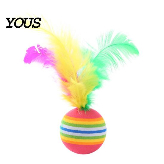 Kitten Play Ball Colorful Striped Cat Ball, Soft Foam with Feathers, Quiet Elastic Feather Interactive Toy for Indoor Cats
