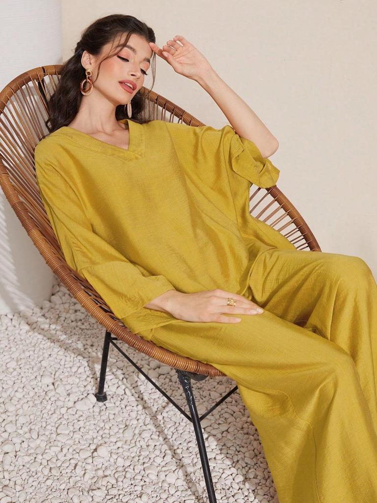 Summer 2025 Women's Solid Batwing Sleeve Two-Piece Set