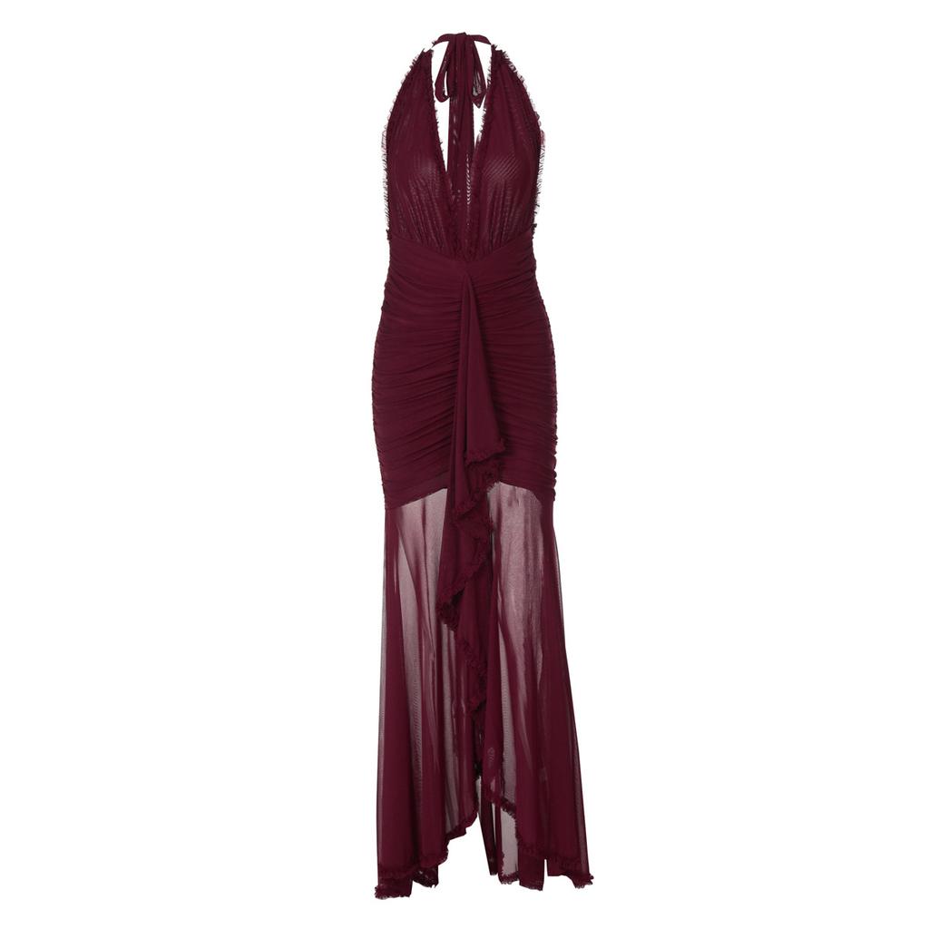 Damen Sexy Rückenfrei V-Ausschnitt Neckholder Netz-Einsätze Hohe Taille Langes Bodycon-Kleid