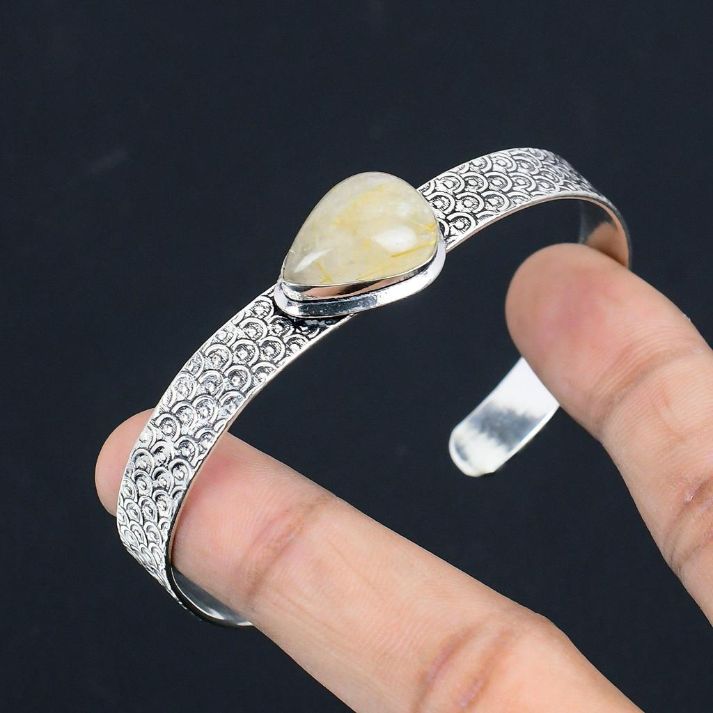 Natural Golden Rutile Gemstone 925 Sterling Silver Bangle Adjustable For Girls