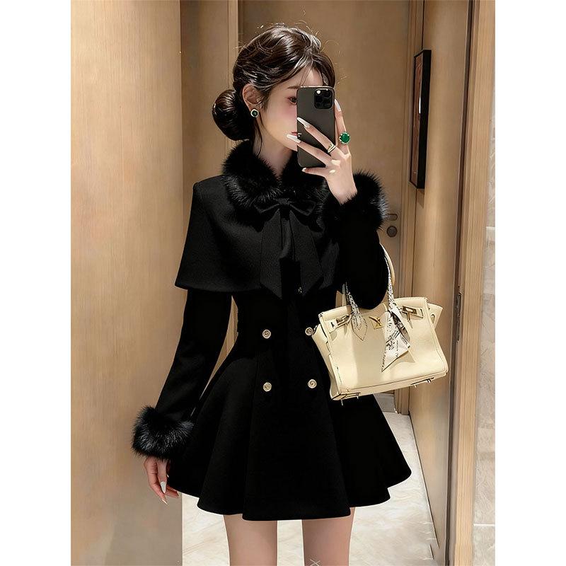 Petite Red Shawl Cloak Coat & Waist-cinching Slim Dress Set for Women - Winter 2025 Collection Large