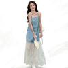 Lace Splicing Imitation Denim Suspender Skirt Women's Summer New Super Good-looking Sweet Temperament Long Dress