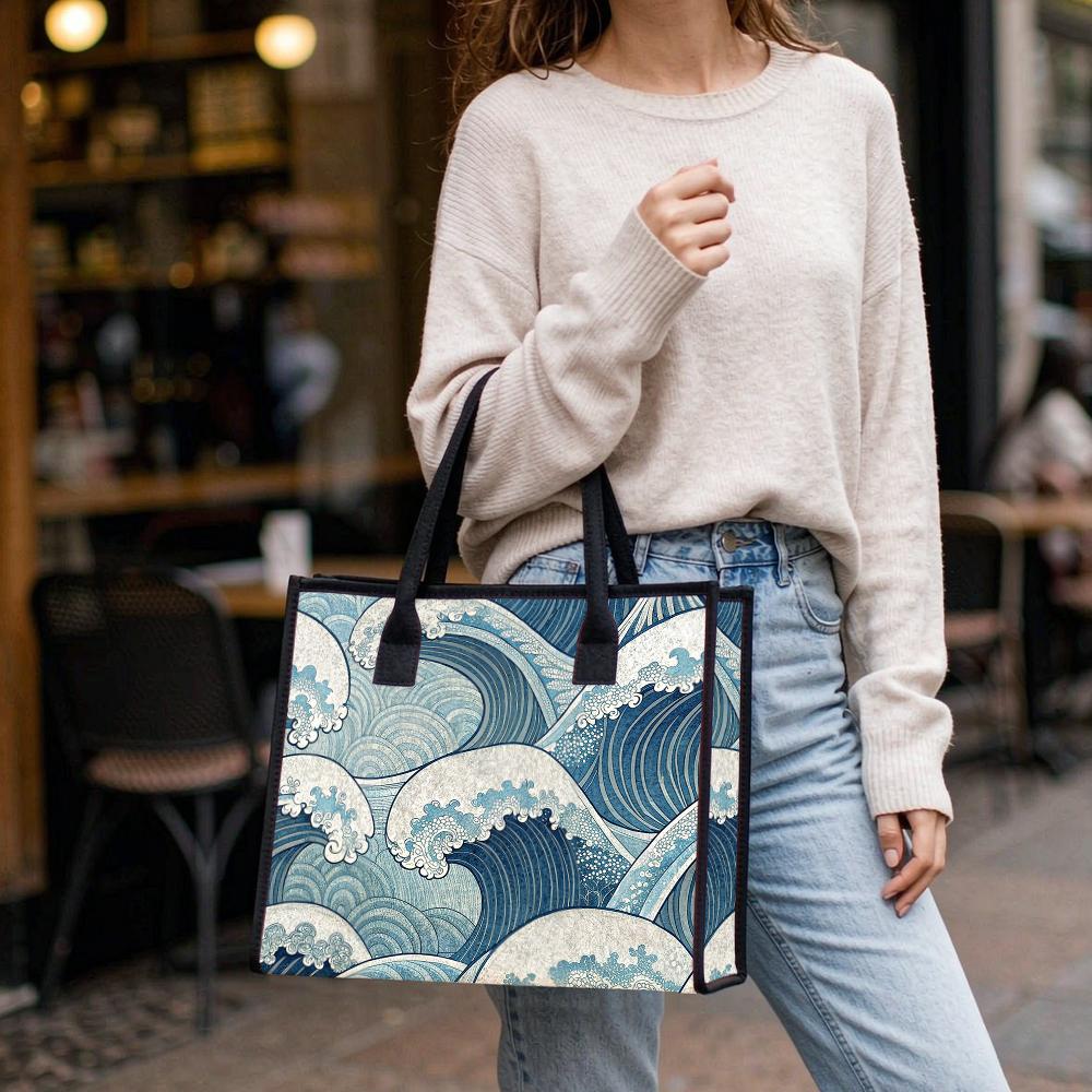 Vintage Wave Print Casual Tote Bag Daily Use Shoulder Bag Stylish Handbag for Women Outdoor Travel Commute Bag