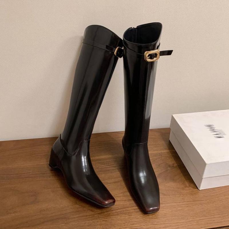 Autumn and Winter Women's Leather Fashion Boots Solid Color Square Head Medium Heel Large Size Women's Boots New Rear Zipper Cowhide High Boots