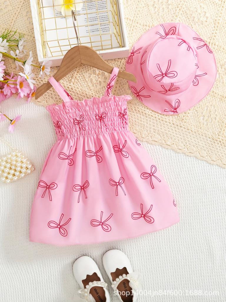 0-3 Years Old Girl Fashion Princess Two-piece Summer Children's Cute Butterfly-printed Dress And Hat