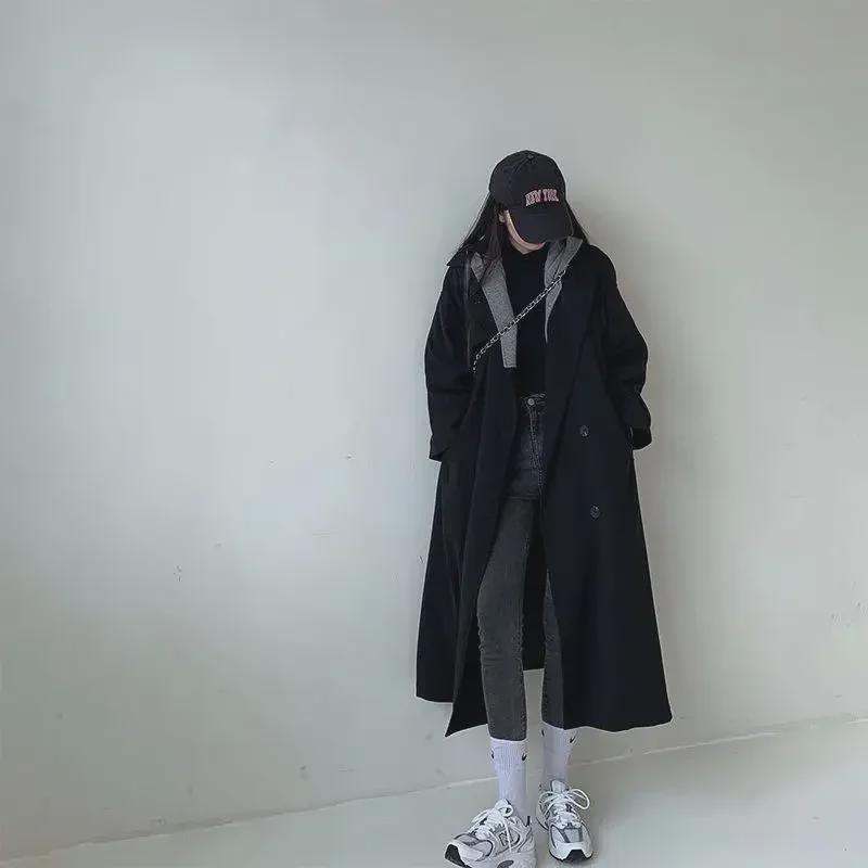 2024 Winter Thickened Woolen Coat: Korean-Style, Loose Fit, Mid-Length, Spliced, Hooded Design for Women