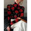 Ladies' Elegant Long-sleeved Turtleneck with Black and Red Rose Floral Print, Machine Washable