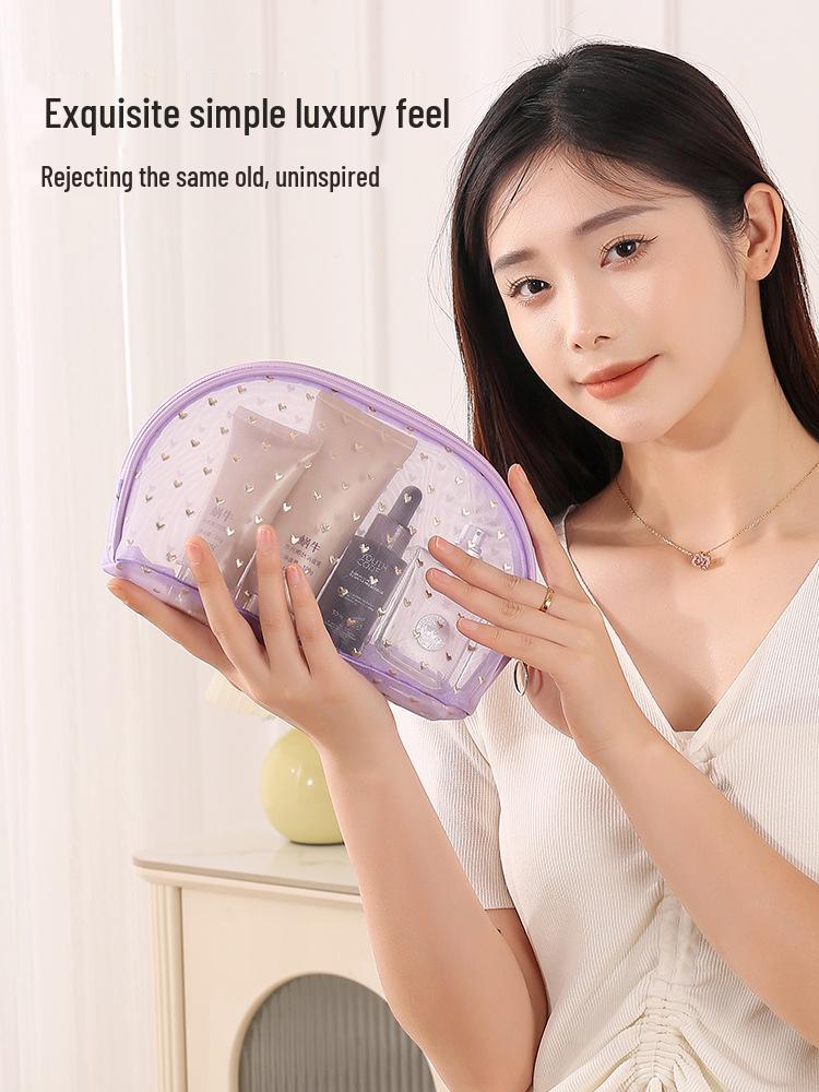 Mesh Flocked Heart Tote: Large, Washable, Transparent Handheld Makeup & Storage Bag