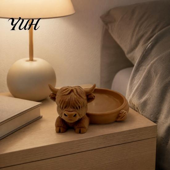 Ring And Earring Organizer Highland Cow Jewelry Storage Tray, Round Tray 3D Printed Desktop Ornament Organizer, Decorative Tabletop Container