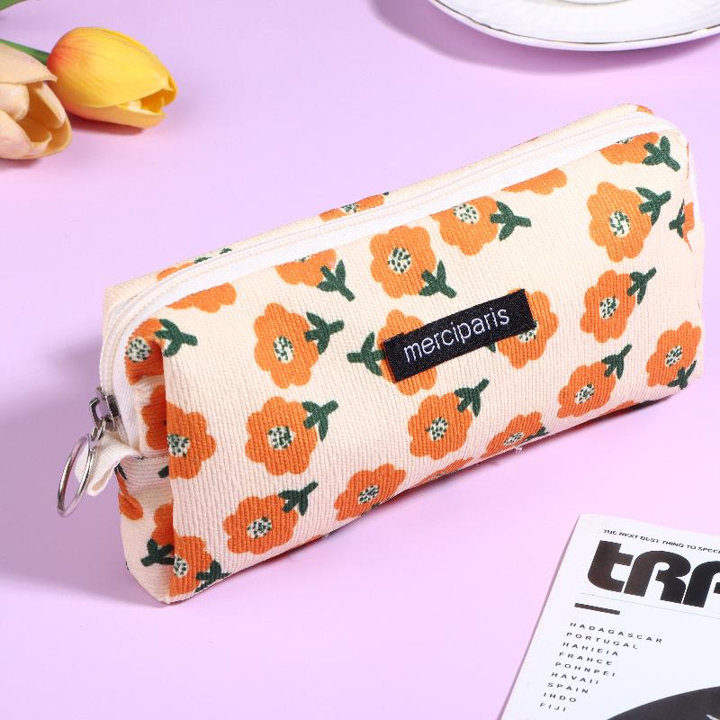 Vintage Corduroy Federmäppchen Retro Blumenmuster Federtasche Große Kapazität Schreibwaren Tasche Für Schüler Büro Make-up Aufbewahrung