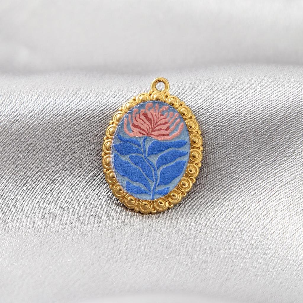 Vintage Floral Oil Painting Necklace Pendant - Stainless Steel, High-End Fashion Accessory