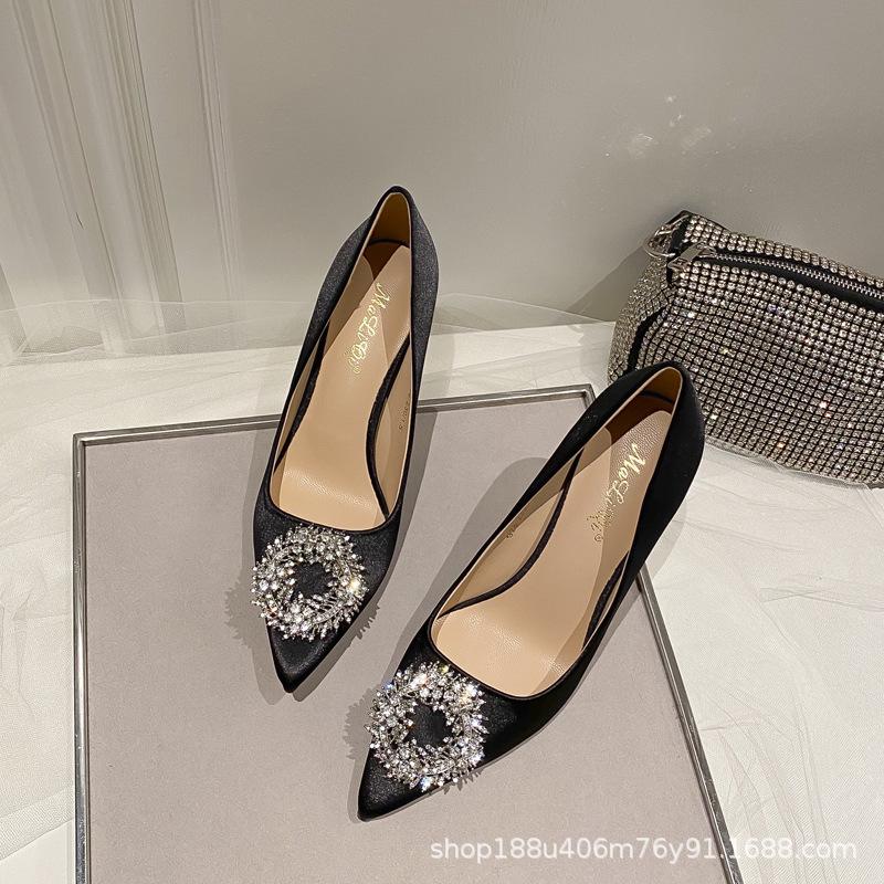 White high heels women's 2025 new rhinestone pointed thin heel design sense niche French small high heel single shoes women