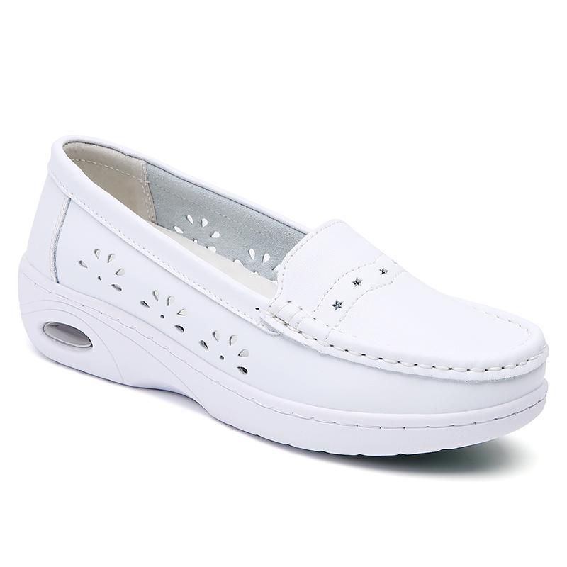 Fashion New Women Flat Genuine Leather Nurse Shoes Casual White Wedge Soft Bottom Slip On Moccasins Comfortable Hollow Out Work Shoes