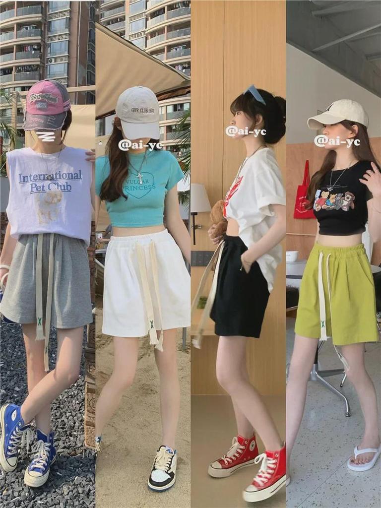 Women's High-Waist Elastic Sports Shorts - Summer 2024 Korean Style Wide-Leg Casual Pants