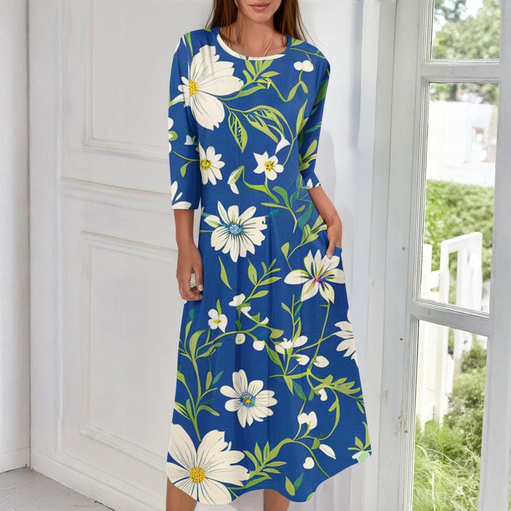 Women's Fashion Casual Round Neck Three-quarter Sleeve Midi Dress