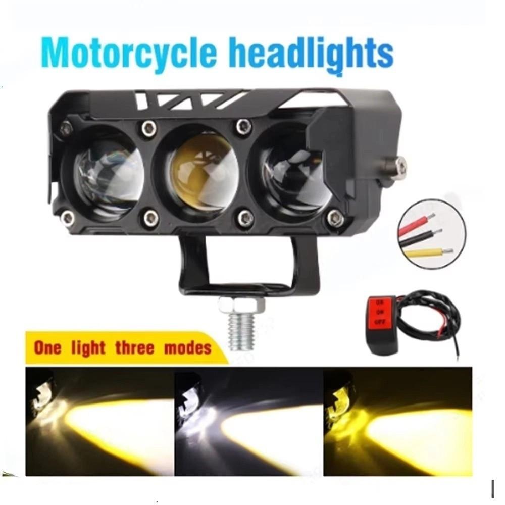 Shock-proof Motorcycle LED Spotlights Dual Color Lights Three-eye Lens  Driving Light