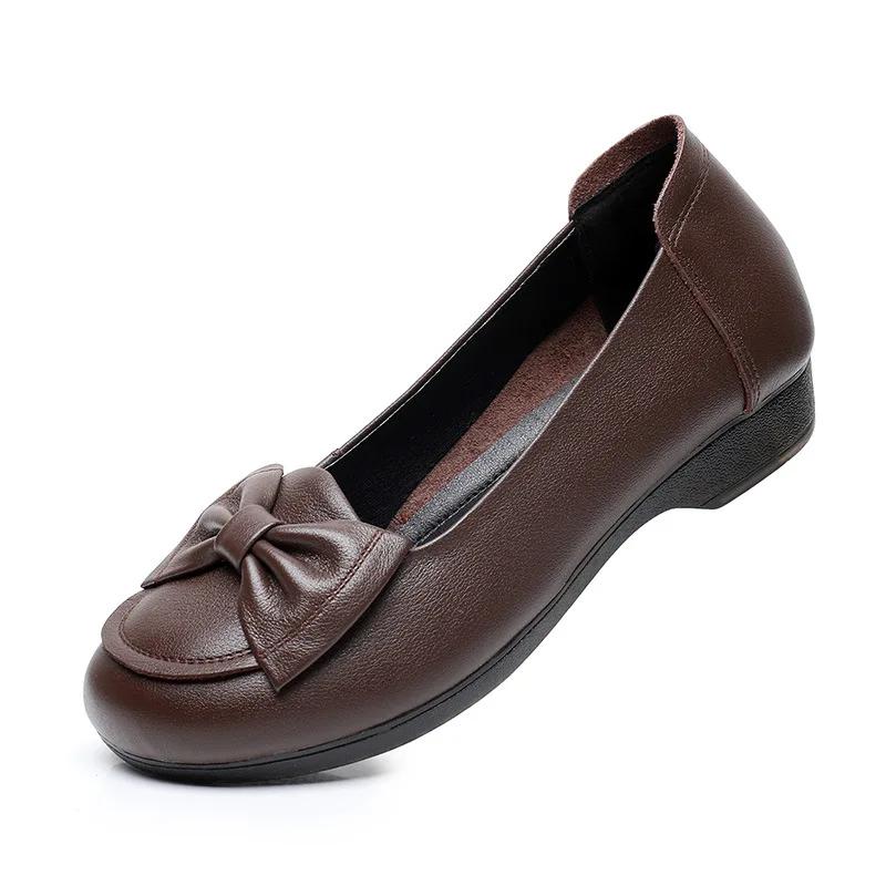 Size35-43 Spring Autumn Genuine Leather Soft Bottom Women Shoes Mom Women Slip-On Shallow Mouth Bow Casual Flat Black Work Shoes