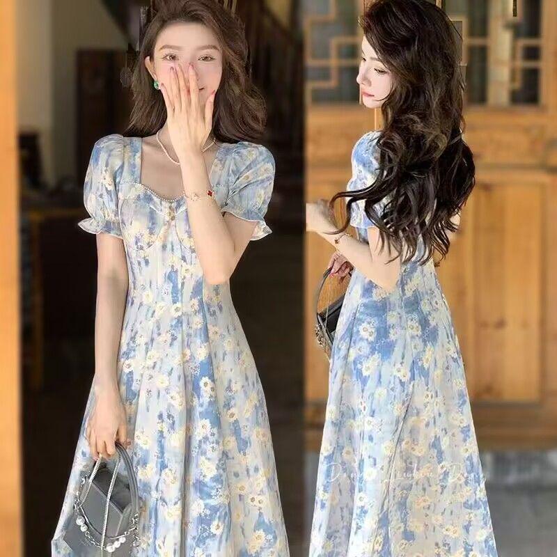 Blue Floral French Square Neck Midi Dress with Waist-Cinching Design