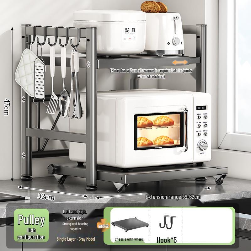 Adjustable Pull-out Microwave Oven Rack – Multi-functional Stainless Steel Shelf for Kitchen Countertop Cookware Storage