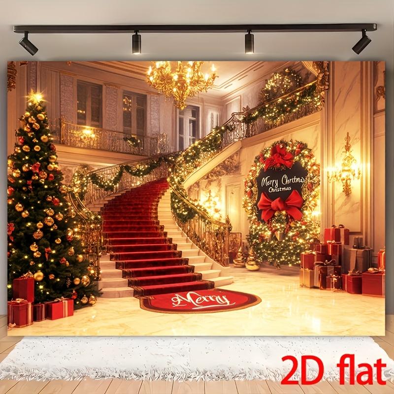 2D flat 1 Christmas luxurious hall polyester background fabric, magnificent staircase, suitable for Christmas home decoration