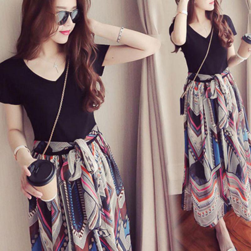 Newest Style Fashion Women Plus Size Chiffon V Neck Maxi Dresses Ladies Fake Two Piece Floral Long