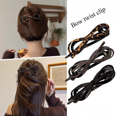 Korean Twist Hair Clips Leather Bow Knot Acrylic Hairpin for Women Girls Sweet Vintage Hairgrip Elegant Hair Styling Accessories