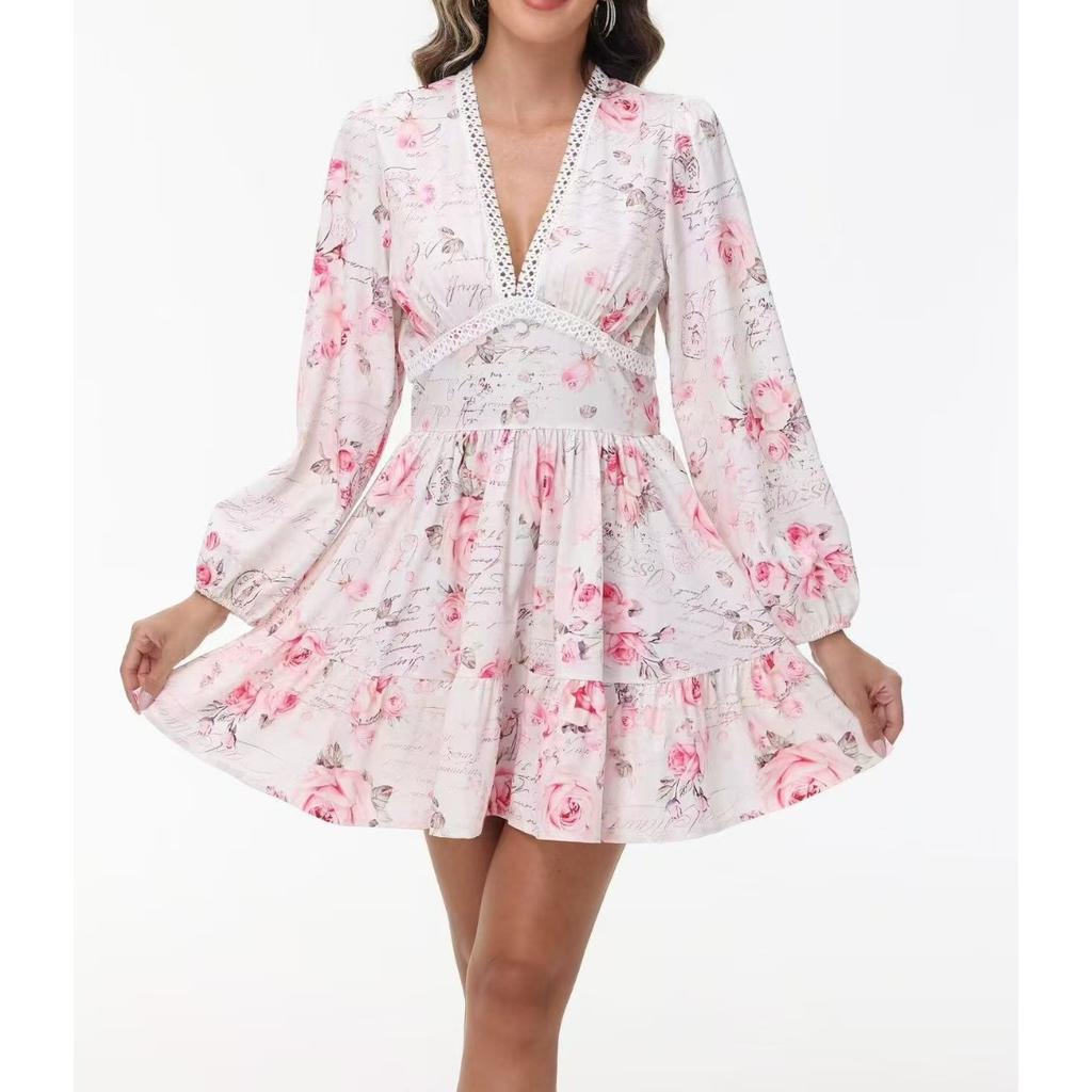 Spring New Women's Sweet Elegant Printed V-Neck Lace Short Mini Dress, European & American Style Casual Party Dress for Women