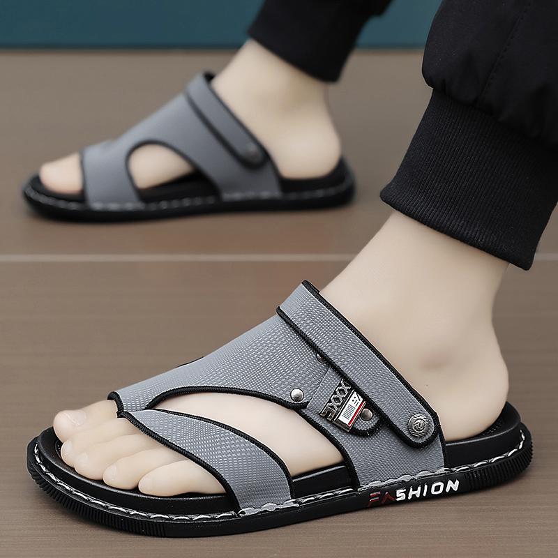 Men Flip Flops Hiking Sandals Leather Outdoor Summer Grey Black Wide Palm Blue Beach Shoes Plus Size Open Toe Plus Size