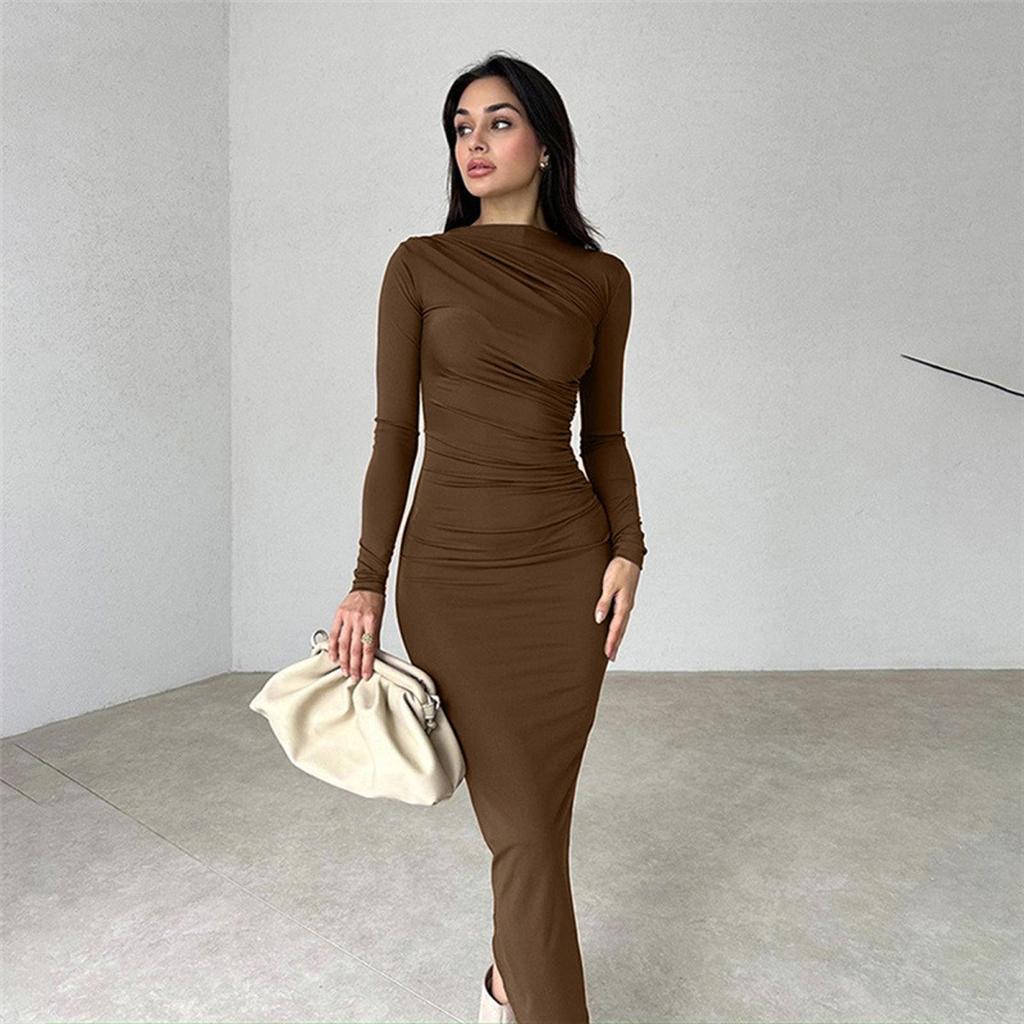 Spring Autumn New Women's Solid Color Bodycon Long Pencil Dress Elegant Slim Fit Casual Party Dress