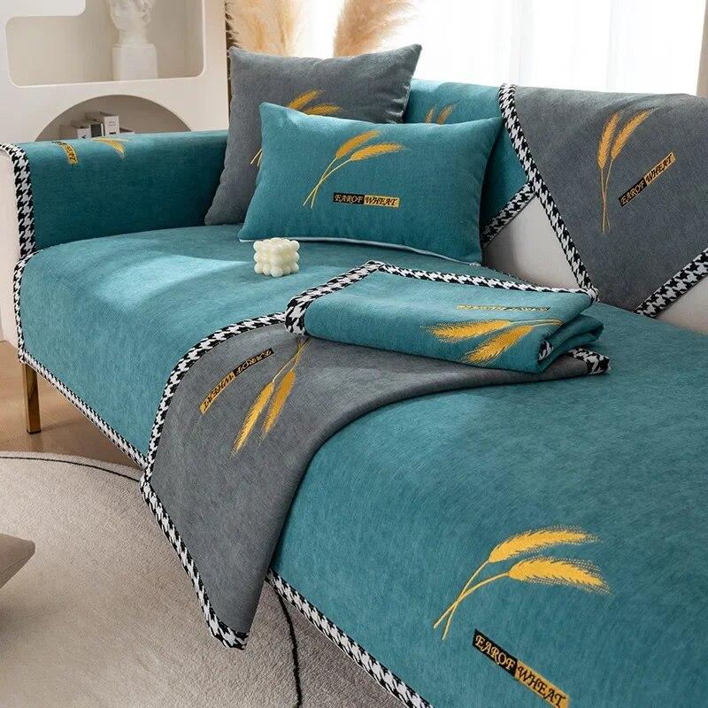 Modern Chenille Sofa Cover Wheat Head Embroidery Anti-slip Slipcover Universal Couch Mat for Living Room Four Season