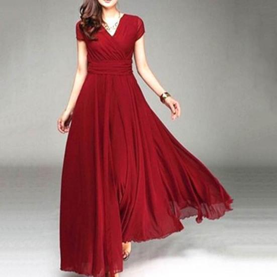 Plus Size Solid Color Women Party Suknia V Neck Krótki rękaw Slim Fit Maxi Dress