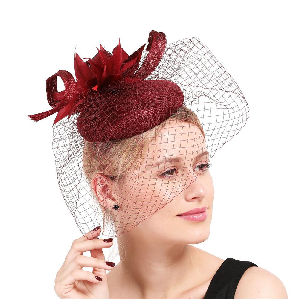European And American Retro High-Quality Hemp Yarn Headgear Catwalk Bride Feather Hair Accessories Burgundy Top Hat