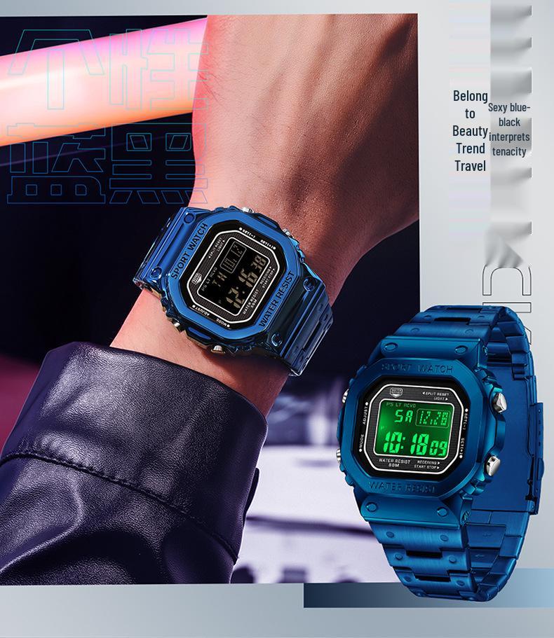 Sanda Men's Square Waterproof Electronic Watch with Fashionable Light and Alarm Clock.