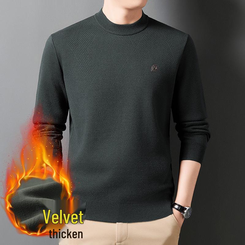 Men's Solid Color Half-High Collar Fleece Knit Sweater - Warm, Casual Base Layer Shirt