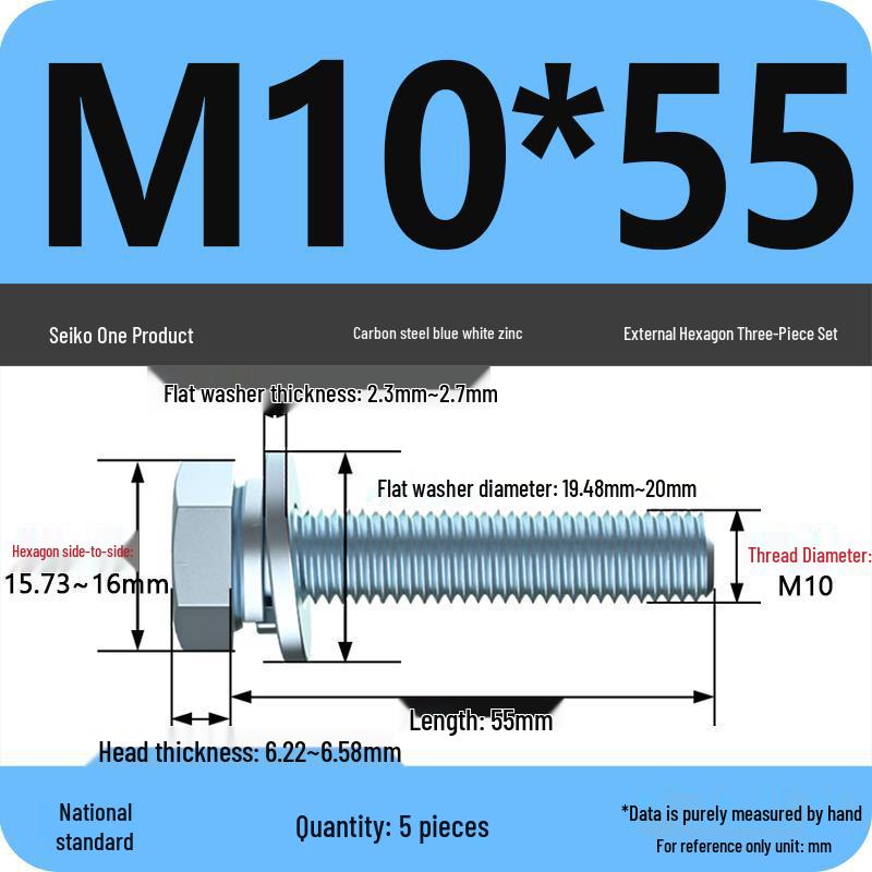 Grade 8.8 Galvanized Hex Bolt Set: Includes Hex Bolt, Spring Washer, Flat Washer (Sizes: M4, M5, M6, M8, M10, M12)
