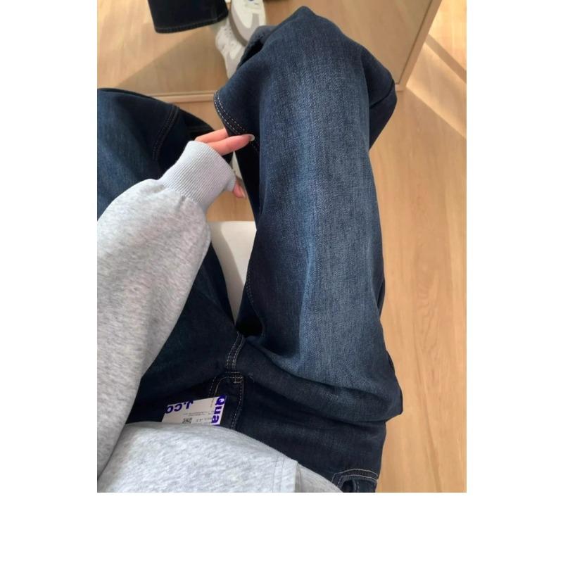 Fleece and thickened jeans for women, loose high-waisted and thin in winter, straight wide-leg floor-mopping pants.