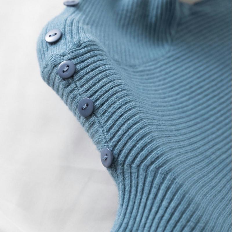 Autumn Winter Casual Slim Warm Base Women's Knitted Sweaters Half High Collar Buttons Pullovers Sweater Woman Fashion Thin Long Sleeve Jumper 25481