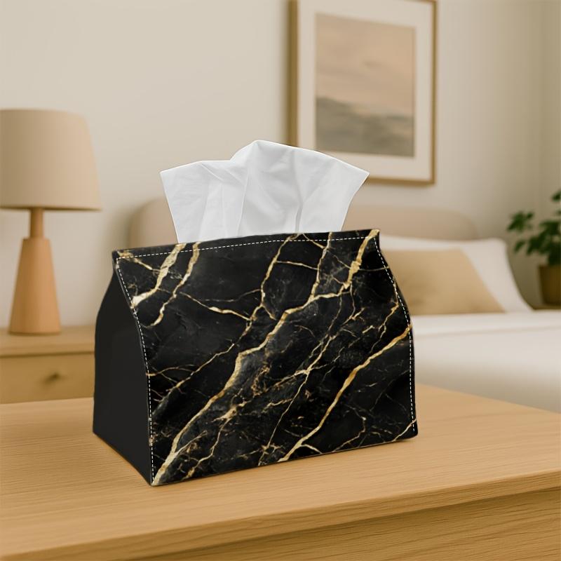 1pc Modern Marble Tissue Box Compatible for Home And Car - Black Golden Marble Texture Polyester Napkin Holder And Dispenser, Elegant Tissue, Office,
