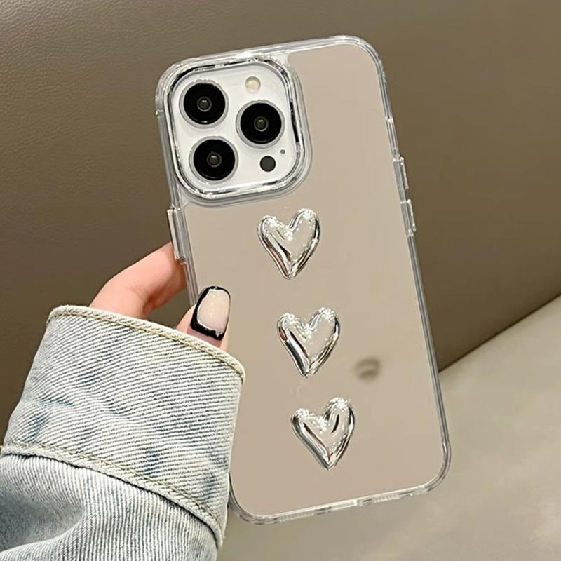 Luxury Make Up Mirror 3D Love Heart Acrylic Case For iPhone 15 14 13 12 11 Pro Max Shockproof Bumper Protection Hard PC Cover