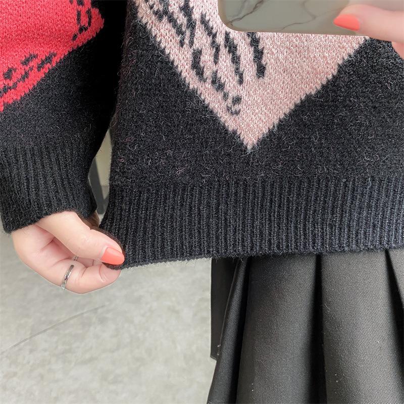 Pull Vintage surdimensionné à col rond Argyle pour femme, pull ample à manches longues, mode coréenne, automne