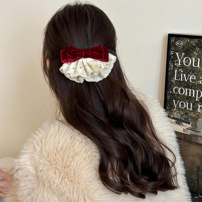 Elegante Stoffstickerei Spitze Schleife Haarspange - High-End, Exquisite Federklemme für Damen, Perfektes Herbst- & Winter-Casual-Haaraccessoire