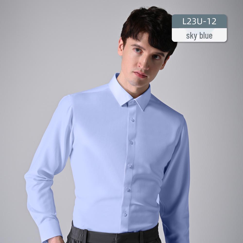 Men's Slim Fit Long Sleeve Modal Tencel Wool Shirt - Iron-Free, Machine Washable, Solid Color, Business Attire.