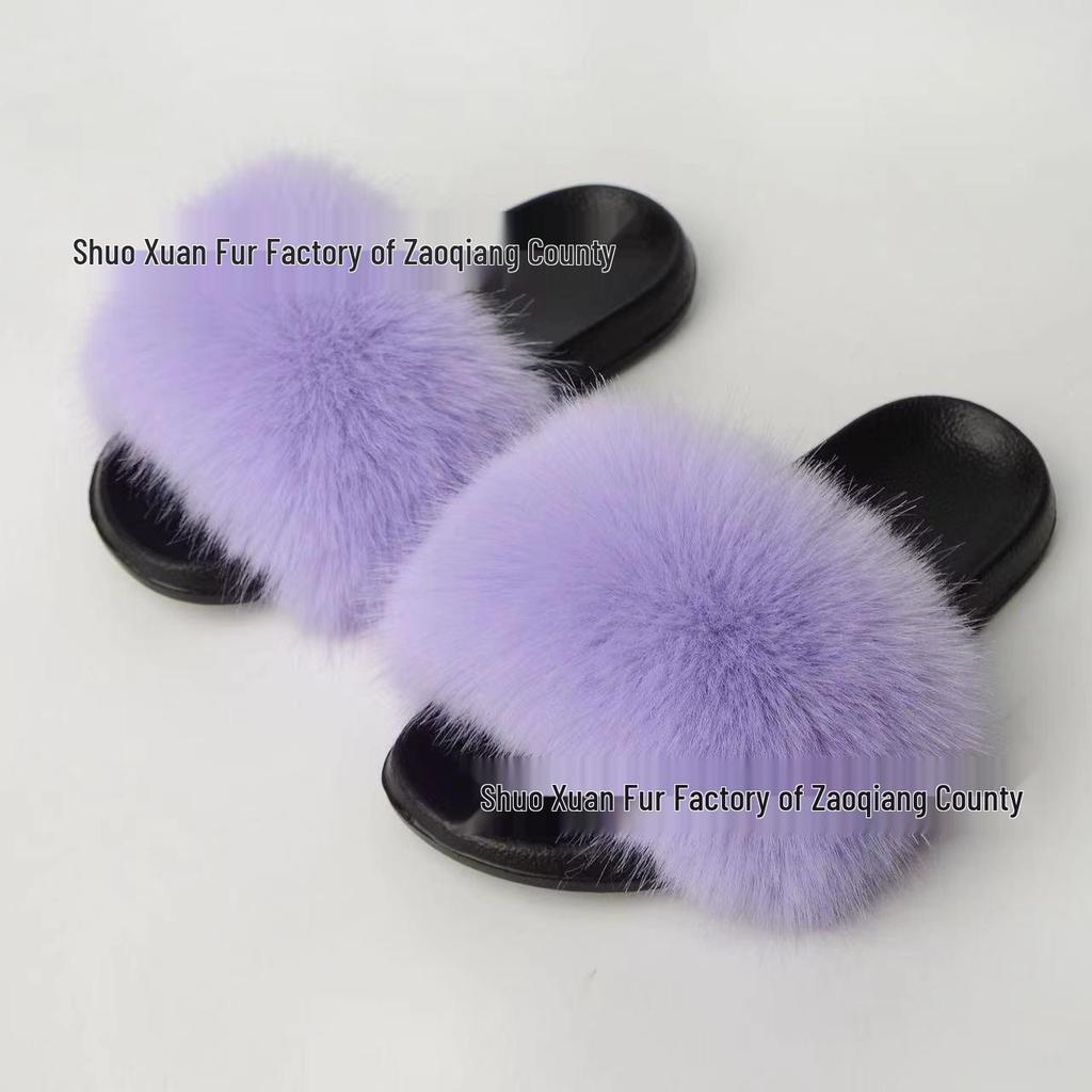 Women's Summer Fox Fur Slippers: Celebrity Trend, Flat Fur Sandals, Soft-Soled Flip Flops, Euro-American Style.