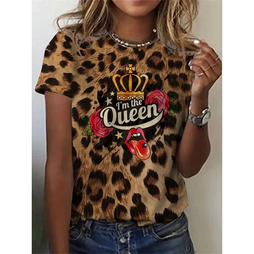 3D Leopard Print and Lipstick Print Short-sleeved Top Summer Casual Everyday Women's T-shirt Urban Street Fashion Women's Y2K