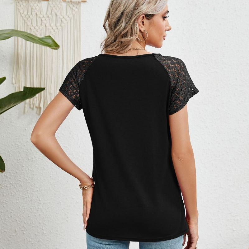 2024 Summer Lace Short Sleeve Loose Blouse for Women Fashion Solid Round Neck Casual Shirt Women Tops Elegant Simple Plus Size Female Blouses 24314